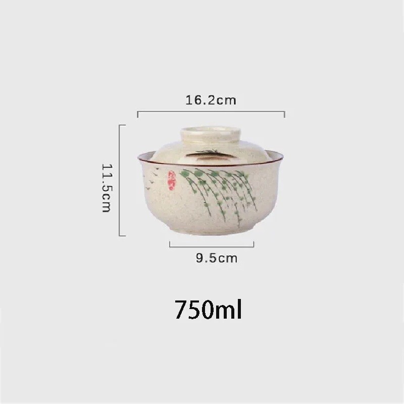 Keramická miska s víkem v japonském stylu 750 ml keramika béžová s motivem větviček pro servírování polévek a rýže 3